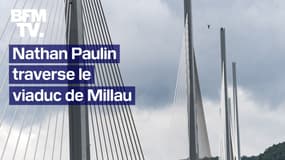 Le funambule Nathan Paulin traverse le viaduc de Millau à plus de 300 mètres au-dessus du sol