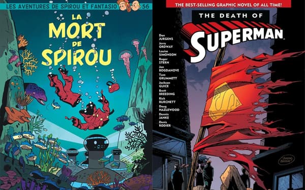 Les couvertures de "La Mort de Spirou" et de "La Mort de Superman"