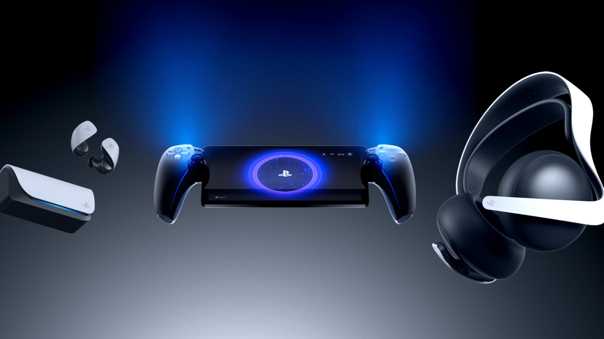 La PlayStation Portal de Sony et les écouteur Pulse Explore ainsi que le casque Pulse Elite La PlayStation Portal de Sony et les écouteur Pulse Explore ainsi que le casque Pulse Elite
