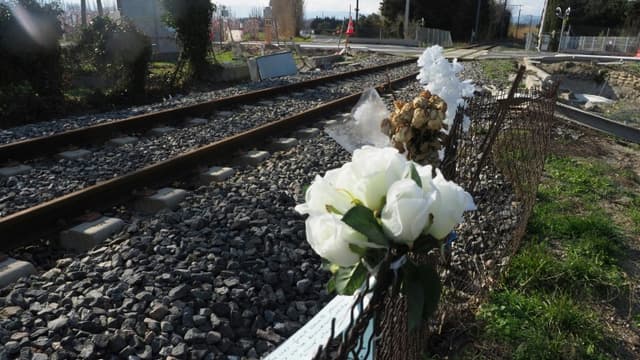 Cette photo d'archives, prise le 21 février 2018, montre des fleurs déposées à un passage à niveau à Millas, dans le sud de la France, où un bus scolaire et un train sont entrés en collision en décembre 2017, faisant six morts