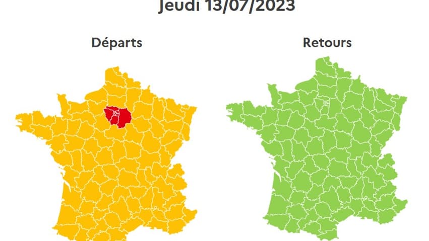 Ce jeudi, veille de 14-Juillet, est classé rouge dans le sens des départs en Ile-de-France. Ce jeudi, veille de 14-Juillet, est classé rouge dans le sens des départs en Ile-de-France.