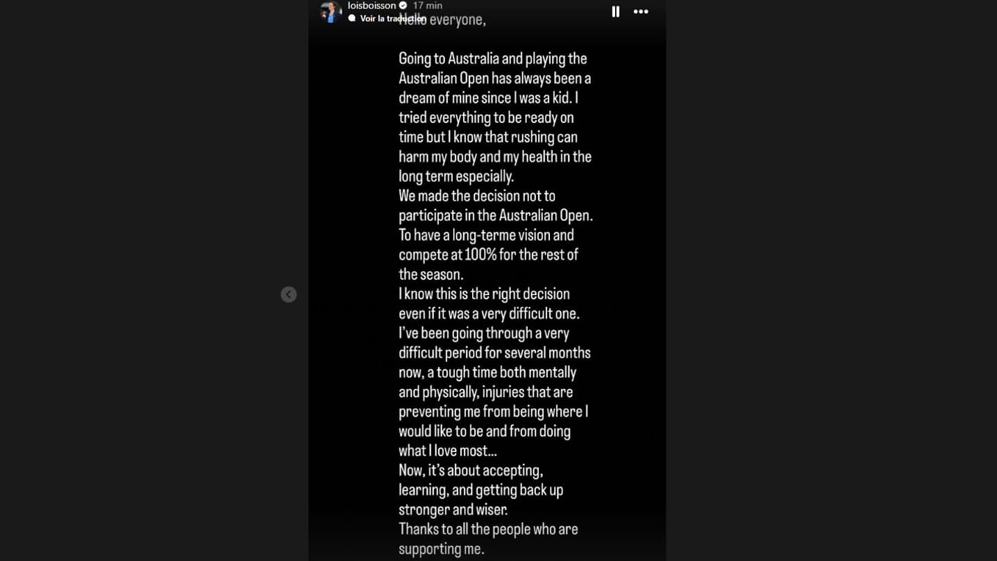 Le message de Loïs Boisson sur Instagram pour annoncer son forfait à l'Open d'Australie, le 12 janvier 2026