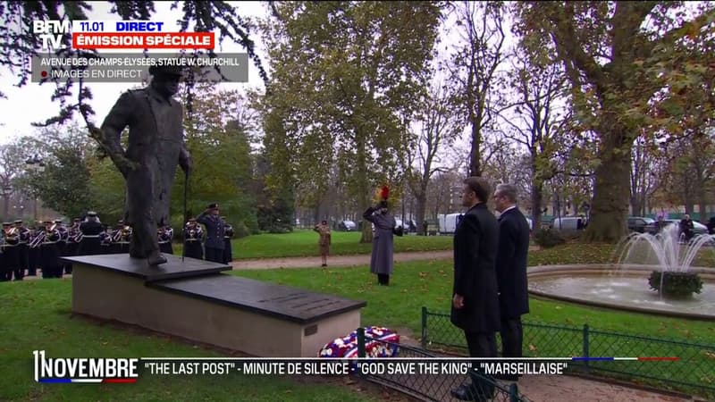 Commémorations du 11-Novembre: Emmanuel Macron et Keir Starmer face à la statue de Winston Churchill