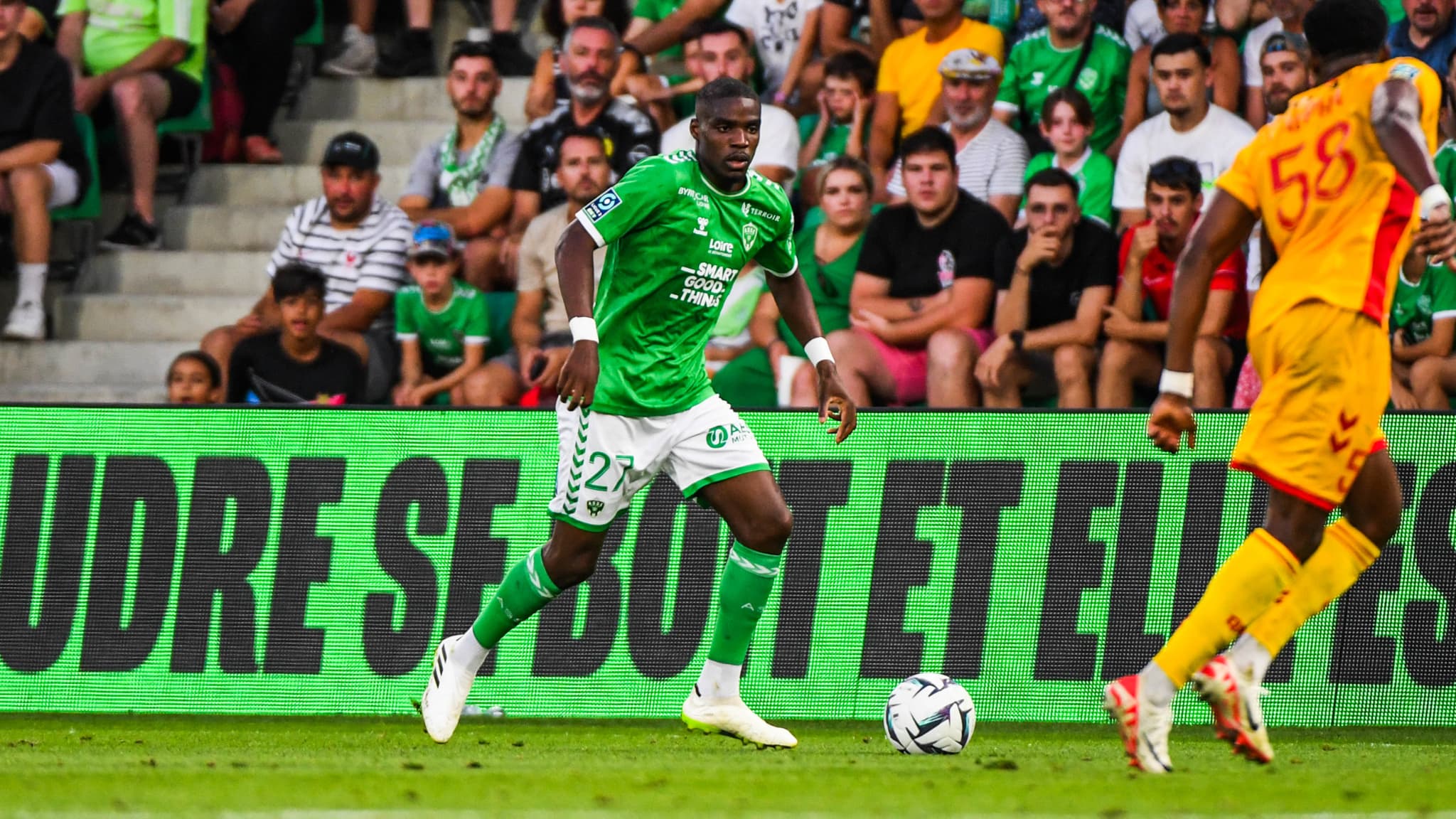 Niels Nkounkou lors du match Saint-Etienne-Quevilly (2-1, 3e journée de L2), le 19 août 2023
