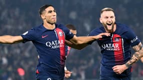 Achraf Hakimi avec Milan Skriniar célèbre un but lors de PSG-OM, septembre 2023