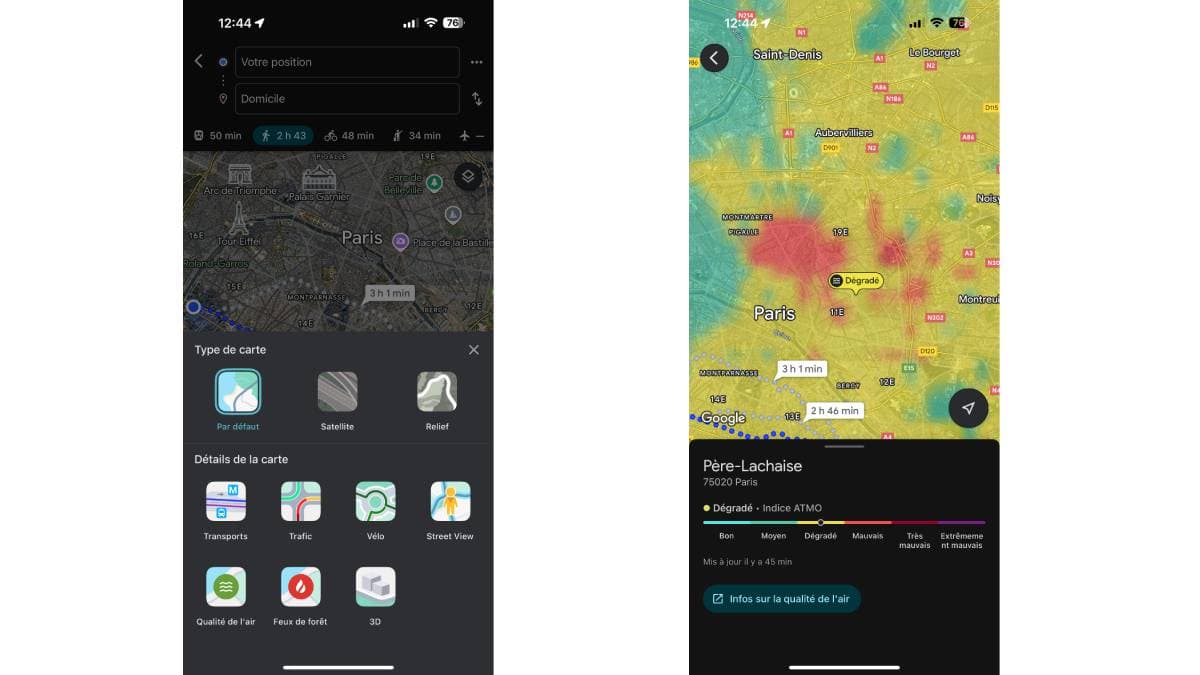 Google Maps permet de savoir la qualité de l'air sur votre trajet