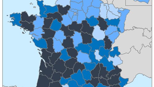Les zones les plus foncées sont les zones où les DMTO ont le plus progressé en 2021. Les zones les plus foncées sont les zones où les DMTO ont le plus progressé en 2021.