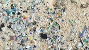 Photo non datée de l'Université de Tasmanie montrant les détritus plastiques sur une plage d'un archipel au large de l'Australie.