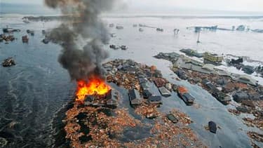 Natori, dans le nord-est du Japon. Un très violent séisme, de magnitude 8,9, a frappé la côte nord-est du Japon vendredi, déclenchant un tsunami de 10 mètres de haut qui a tout balayé sur son passage, maisons, voitures et bateaux. /Photo prise le 11 mars