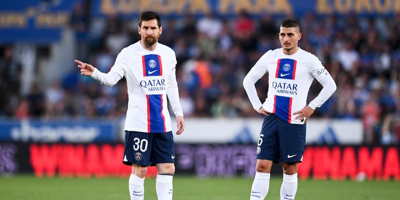 Lionel Messi et Marco Verratti lors du match Strasbourg-PSG (1-1, L1), le 27 mai 2023