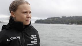 Greta Thunberg le 14 août 2019 à Plymouth (Royaume-Uni) avant de partir à bord du Malizia II pour traverser l'Atlantique. - KIRSTY WIGGLESWORTH / POOL / AFP