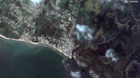 Cette image satellite fournie par Vantor et prise le 29 octobre 2025 montre une vue d'ensemble de Black River, en Jamaïque, après le passage de l'ouragan Melissa.