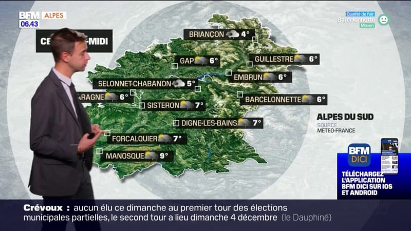 Météo Alpes du Sud: Quelques flocons de neige attendus cet après-midi dès 1100 mètres d'altitude, jusqu'à 6°C à Barcelonnette