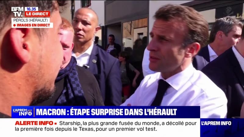 Emmanuel Macron échange avec un jeune homme sur le système de retraite à Pérols dans l'Hérault
