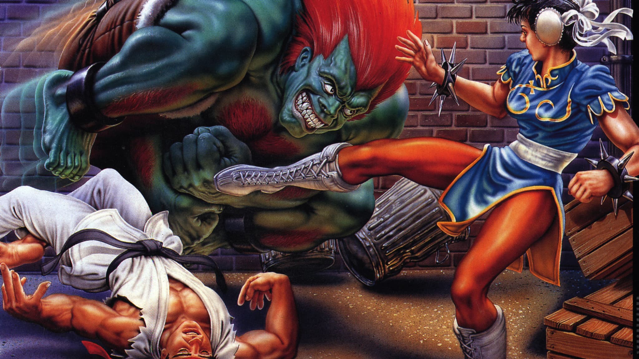 La pochette du jeu "Street Fighter II" par Mick McGinty, mettant en scène Chun-Li (à droite).