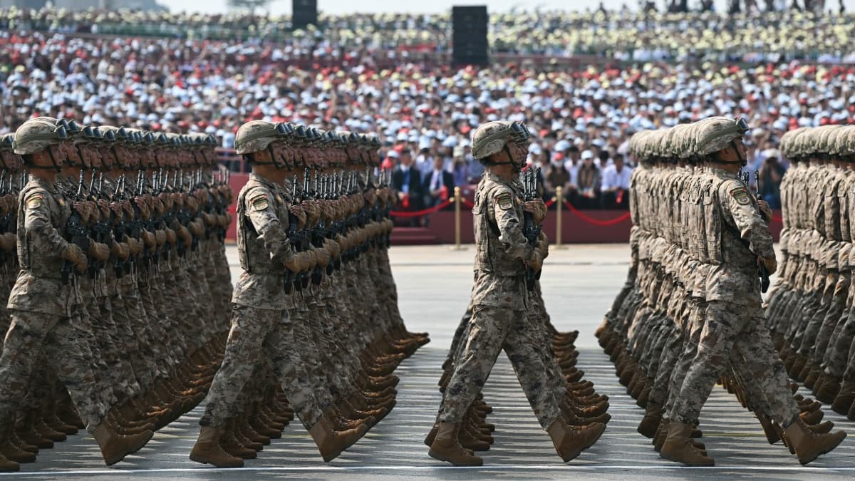 Chinese soldiers parade during a military parade at Tiananmen Square in Beijing on September 3, 2025. Chinese soldiers parade during a military parade at Tiananmen Square in Beijing on September 3, 2025.