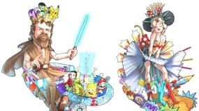 Les maquettes du roi et de la reine du Carnaval de Nice 2024 (Alpes-Maritimes), dévoilés par Christian Estrosi le jeudi 1er février 2024.