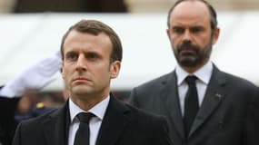 Emmanuel Macron et Edouard Philippe lors de la cérémonie en hommage à Arnaud Beltrame, le 28 mars 2018.