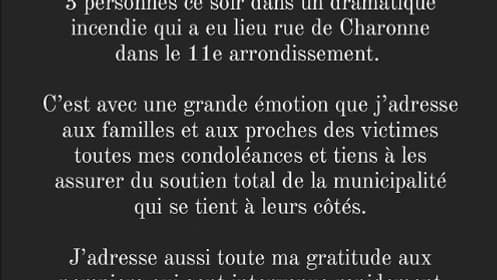 La maire de Paris a publié un message de soutien aux proches des victimes de l'incendie de la rue de Charonne (11e arrondissement) dimanche 7 avril. La maire de Paris a publié un message de soutien aux proches des victimes de l'incendie de la rue de Charonne (11e arrondissement) dimanche 7 avril.