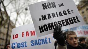 Manifestation contre le mariage homosexuel à Paris en novembre dernier. Les opposants au projet de loi ouvrant le mariage et l'adoption aux couples de même sexe défileront dimanche à Paris de l'avenue de la Grande-Armée jusqu'à la place de l'Etoile, au li