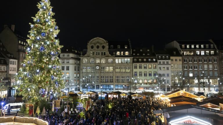 Le sapin de Noël géant installé place Kléber lors du marché de Noël de Strasbourg, le 26 novembre 2025 dans le Bas-Rhin