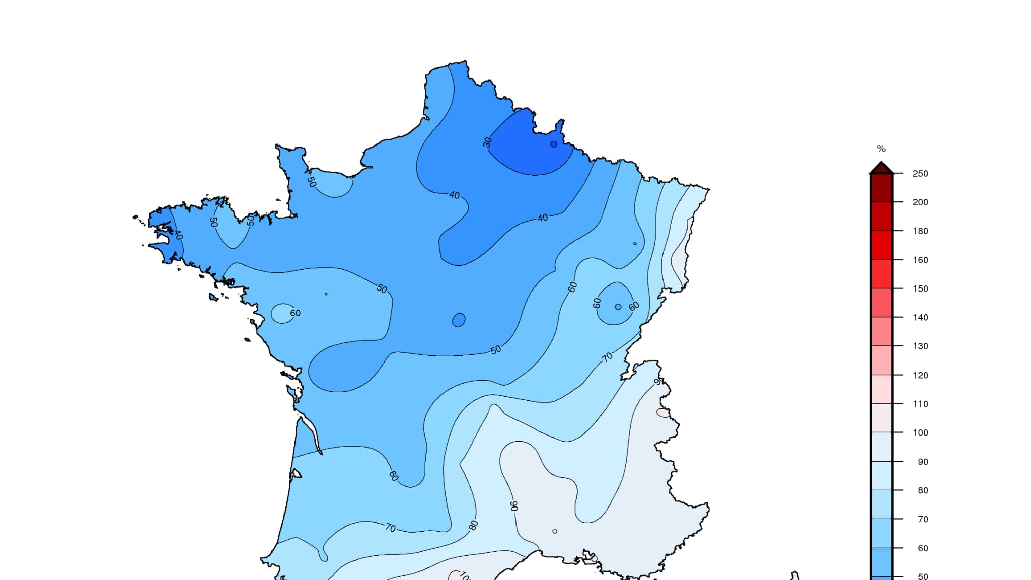Carte fournie par Météo-France du rapport de l'ensoleillement en février 2024 à la moyenne mensuelle de référence 1991-2020. 