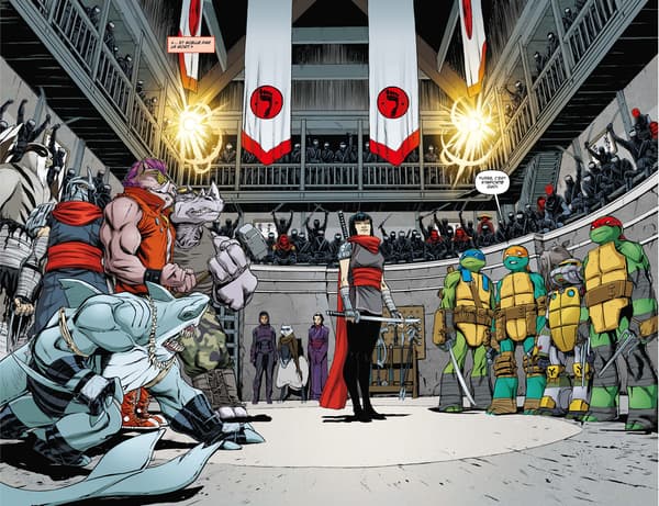 Une planche du comics "Les Tortues Ninja - Vengeance Partie 2" de Kevin Eastman, Tom Waltz, Cory Smith et Mateus Santolouco Une planche du comics "Les Tortues Ninja - Vengeance Partie 2" de Kevin Eastman, Tom Waltz, Cory Smith et Mateus Santolouco