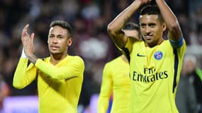 Neymar avec Marquinhos au PSG, à Metz le 8 septembre 2017