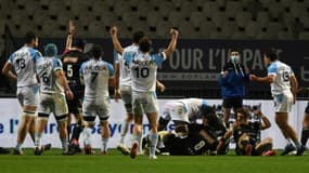 Les joueurs de Bayonne fêtent un essai lors du match de Top 14 à domicile face à Brive, le 14 février 2021