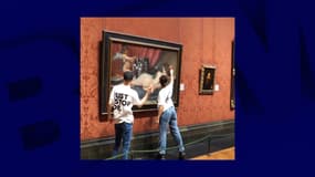 Des militants écologistes brisent la vitre de protection d'un tableau de Velázquez à la National Gallery de Londres, le 6 novembre 2023