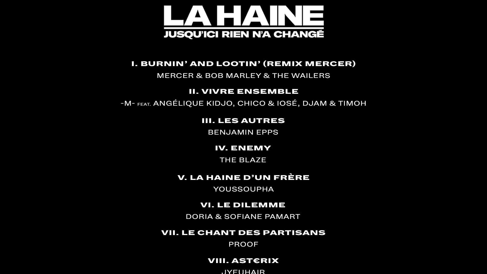 La liste des morceaux présents sur le CD de la bande originale de la comédie musicale "La Haine, jusqu'ici rien n'a changé".