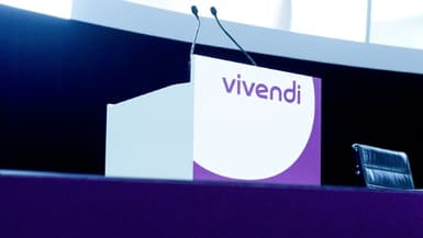 Le logo du groupe Vivendi, durant un meeting général le 19 avril 2018 à Paris, photo d'illustration