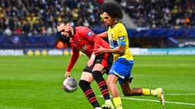 Amine Gouiri et Malcolm Viltard lors de Sochaux-Rennes, au stade Bonal le 6 février 2024