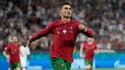 La joie de l’attaquant portugais Cristiano Ronaldo, après avoir ouvert le score sur pénalty face à la France, lors de la 3e journée du groupe F à l'Euro 2020, le 23 juin 2021 à Budapest 