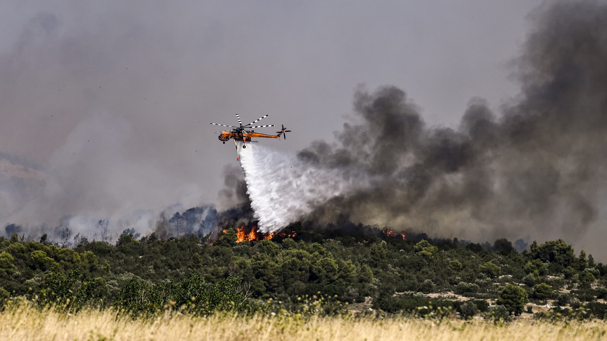 Un hélicoptère Sikorsky S-64F lâche de l'eau sur un incendie à Dervenochoria, en Grèce, le 19 juillet 2023 Un hélicoptère Sikorsky S-64F lâche de l'eau sur un incendie à Dervenochoria, en Grèce, le 19 juillet 2023