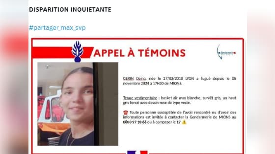 L'adolescente n'a pas donné de signe de vie depuis le mardi 5 novembre, aux alentours de 17h30.