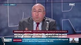 Emmanuel Lechypre, éditorialiste à BFM Business: "Un litre d'essence, c'est 60% de taxes, 30% de pétrole brut et 10% de transport. Pour le diesel, il y a 60 centimes de taxes qui vont augmenter jusqu'en 2022." 