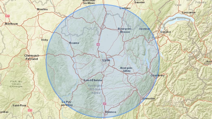 Voici le rayon de 100 km accessible autour de Lyon. Voici le rayon de 100 km accessible autour de Lyon.