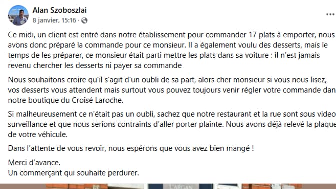 Le message posté par le gérant de l'Argan couscous sur le groupe Facebook "T'es vraiment marcquois si".