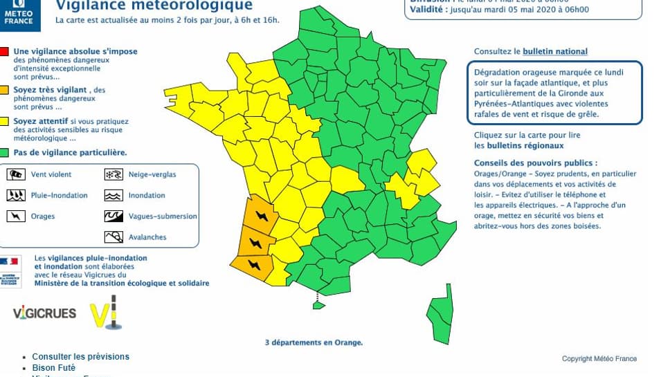 Alerte météo: 3 départements du Sud Ouest en vigilance orange aux orages
Alerte météo: 3 départements du Sud Ouest en vigilance orange aux orages