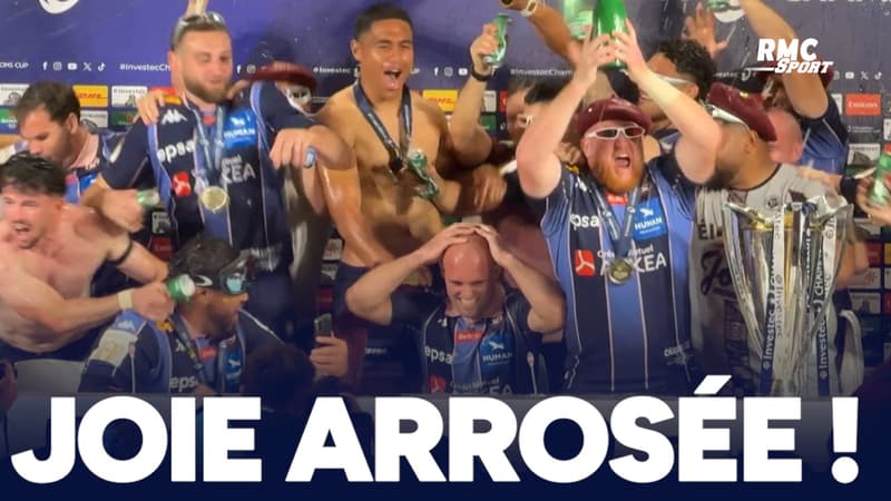 La joie (arrosée) des joueurs de l'UBB après le sacre en Champions Cup !