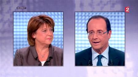 "Gauche forte" d'un côté, "gauche solide" de l'autre : Martine Aubry et François Hollande se sont affrontés mercredi lors du débat télévisé décisif avant le second tour de la primaire socialiste en vue de l'élection présidentielle de 2012. /Photo prise le