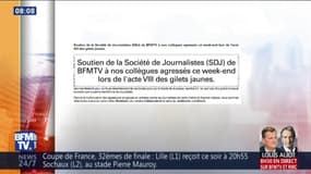 La Société de journalistes (SDJ) de BFMTV apporte son soutien à ses reporters agressés ce week-end lors de l'acte 8 des gilets jaunes