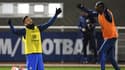 Olivier Giroud et Ousmane Dembélé à l'entraînement des Bleus, le 15 novembre 2022