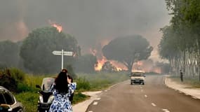 Une femme prend en photo l'incendie qui frappe plusieurs communes des Pyrénées-Orientales, dont Argelès-sur-Mer, le 14 août 2024