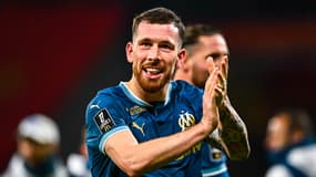 Pierre-Emile Hojbjerg avec l'OM pendant un match de Ligue 1 contre Lens, le 23 novembre 2024