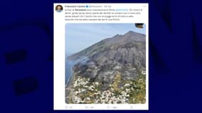 Capture d'écran d'un tweet montrant la végétation de Stromboli détruite par les flammes. 