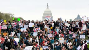 Des participants à la manifestation "Hands Off" contre le président américain Donald Trump sur le National Mall, le 5 avril 2025 à Washington, DC.