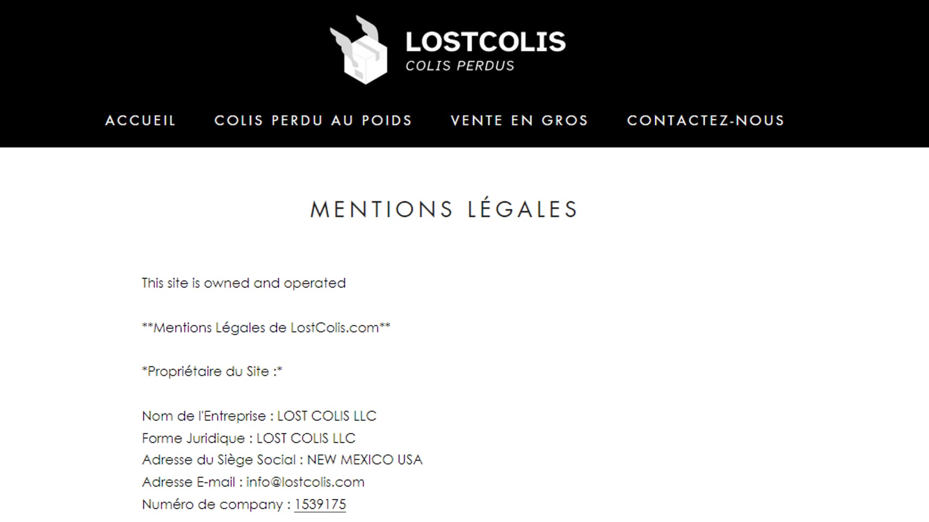 Mentions légales du site lostcolis.com: le siège social est aux Etats-Unis