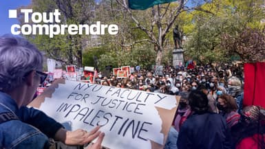 Des étudiants et des professeurs de l'Université de New York (NYU) participent à une manifestation contre la guerre d'Israël à Gaza au Washington Square Park le 23 avril 2024 à New York.